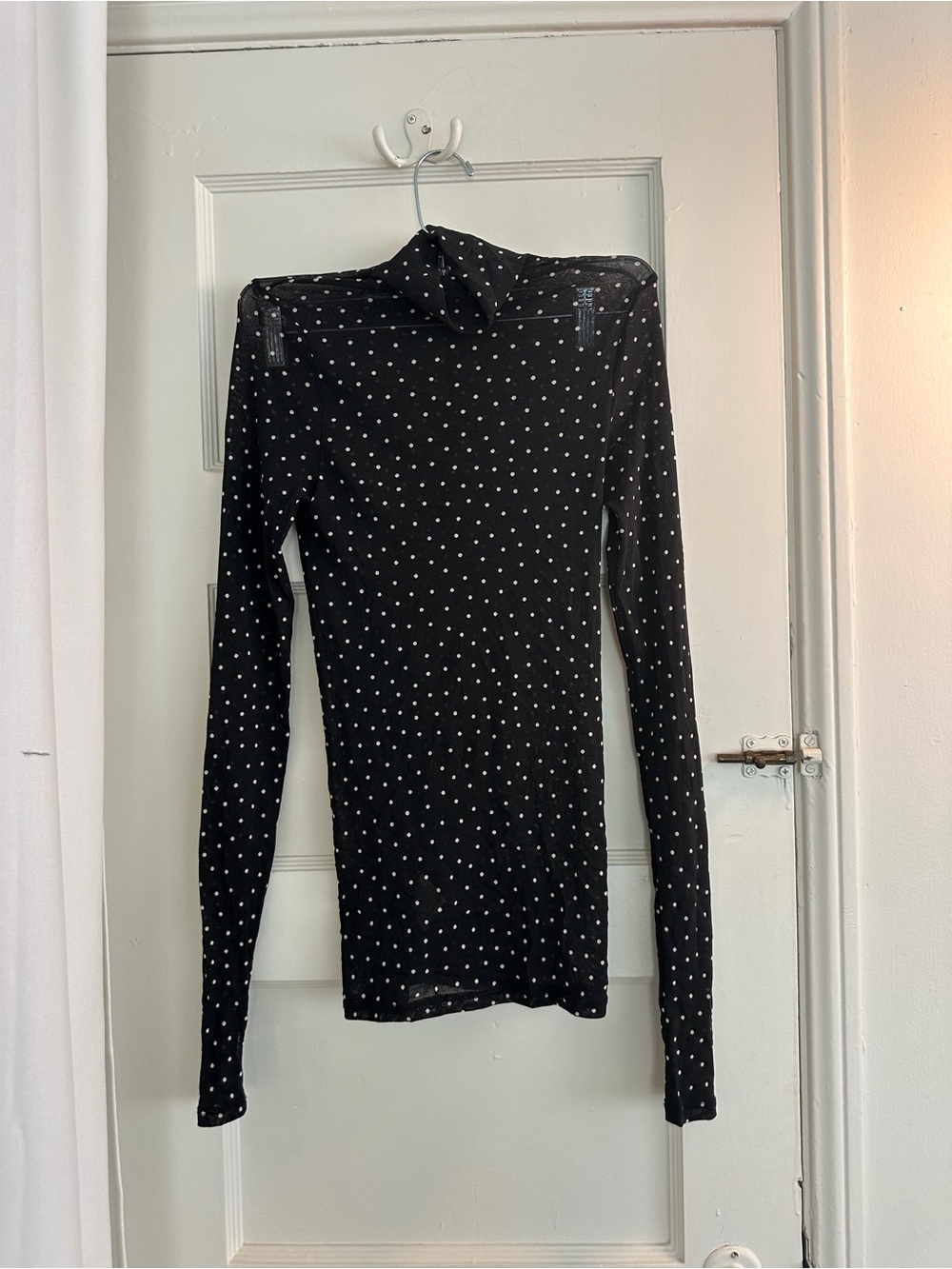 Enza Costa Black Long-Sleeve Turtleneck with White Polka Dots